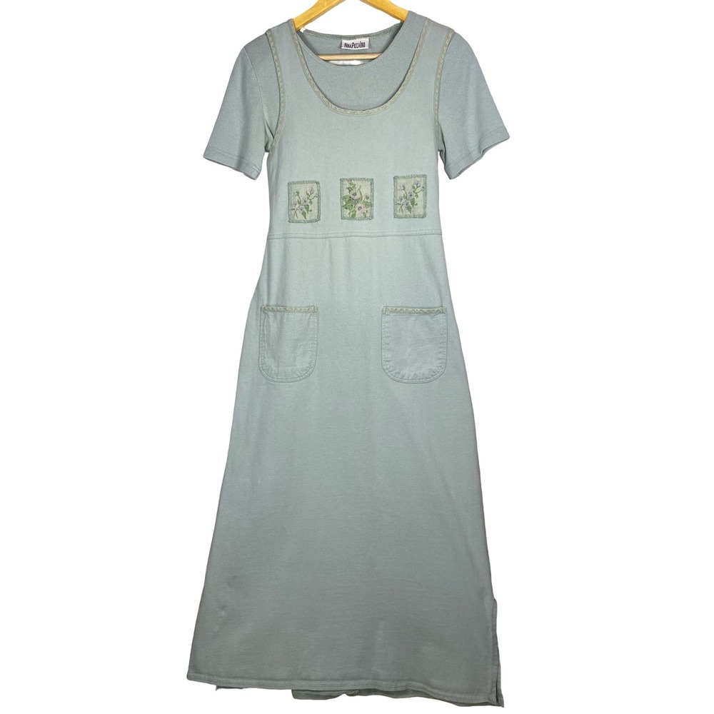 Nina Piccalino Vintage Sage Green Cotton Floral Patch Maxi Dress Womens Small